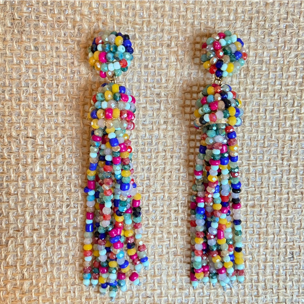 Seed bead tassel earrings pierced post and dangle sparkly and multi color